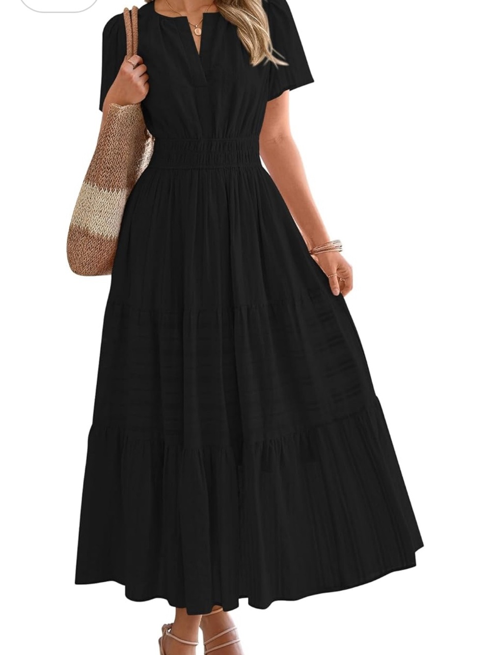Women’s Black Short Sleeve Smocked Waist Maxi Dress